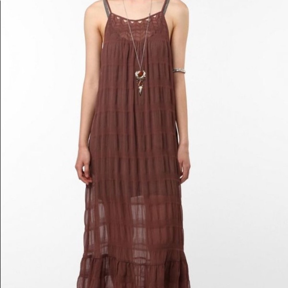 Boho Crochet Yoke Brown Maxi Dress